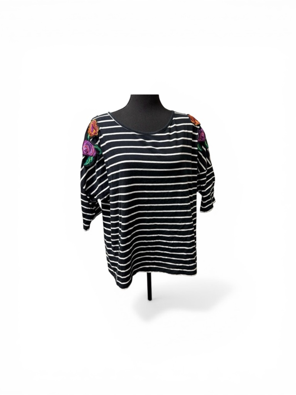 Rebecca Malone Striped Floral Embroidered Sleeve Top Black White XL Boho